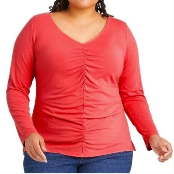 NEW Ava & Viv Coral Pink Long Sleeve Rouched Knit Top Size 3X - Picture 1 of 7